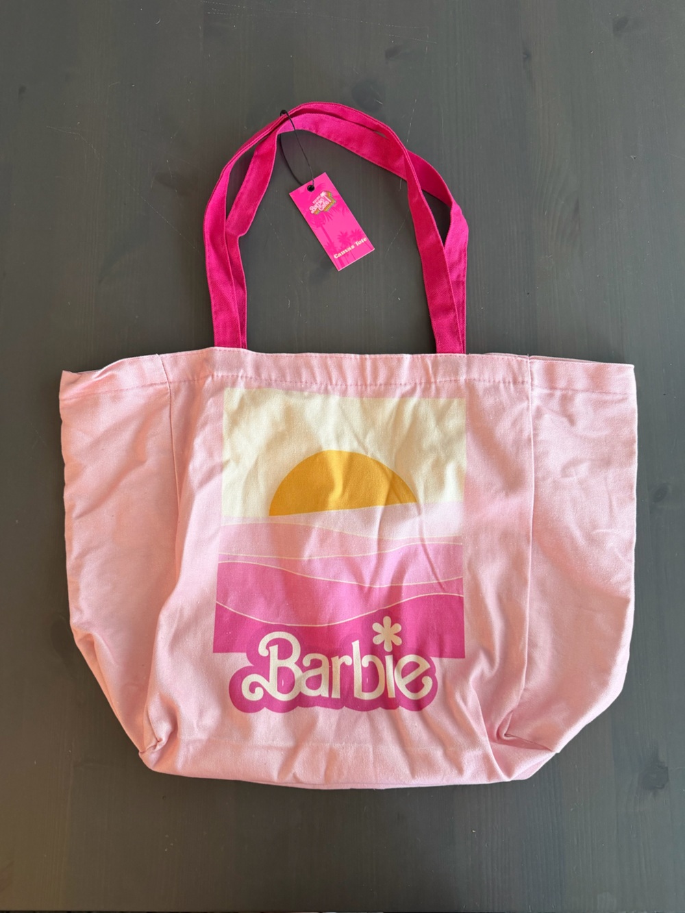 Barbie Pink Canvas Tote with Sunset Motif and Hot Pink Handles